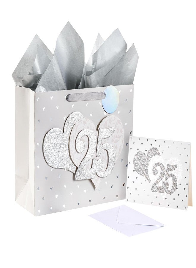 LeZakaa 13" Wedding Gift Bag, Silver Gift Bag with Tissue Paper, Gift Tag and Card - Number 25" with Heart 3D Paster for Silver Wedding Anniversary Celebrations - Image 1